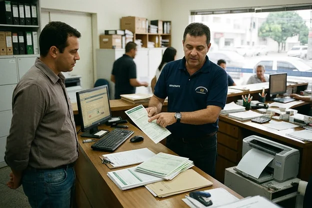 Despachante explicando a importância da impressão do CRLV-e em Serra.